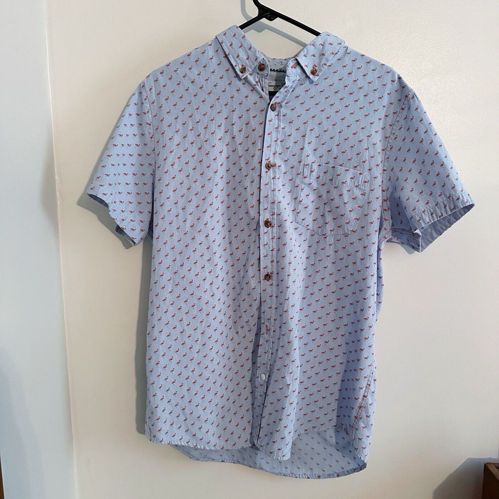 Sovereign Code Hawaiian Shirt Mens Large Flamingo Tropical Short‎ Sleeve Blue*